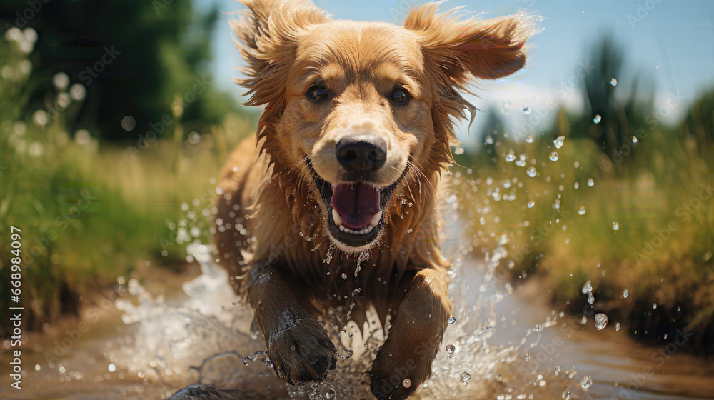 Photo Of A cute Golden Retriever Running And Playing with water splashes