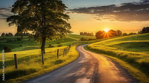 Straight Country road and green farmland natural scenery