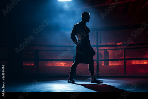 Boxer preparing for boxing championship. Back lighting. Strong warrior. Cinematic dark background. © Pavel