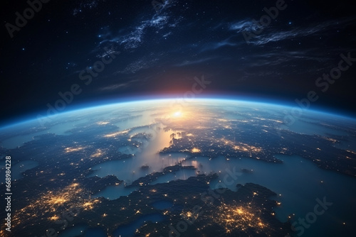 Night view of the planet Earth from space. 3D rendering