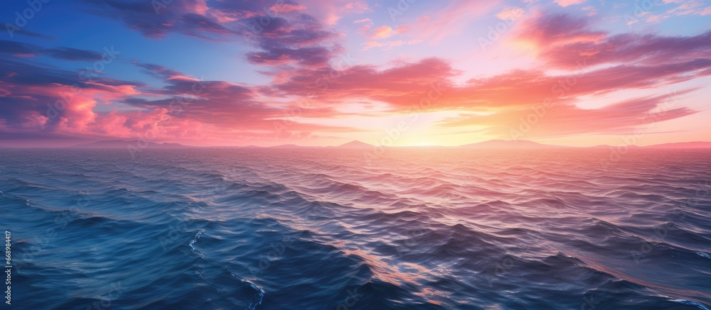 Colorful sunset sky over the sea with amazing clouds and waves in a dramatic and majestic scenery