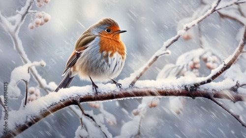 A bird perched on a snow-covered branch, puffing its feathers against the cold.