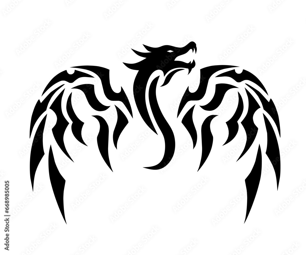 Fototapeta premium graphic vector illustration of design tribal art tattoo symbol dragon with wings