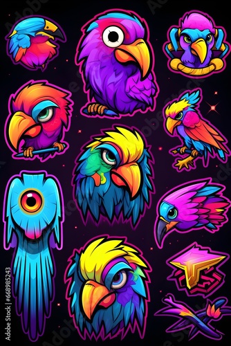 set sticker of parrot with neon outline futuristic design