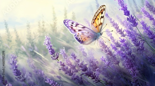 A butterfly delicately perched on a lavender bloom  a moment of serene interaction.