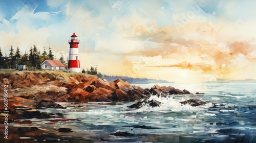 A lighthouse by the sea, watercolor, layering, earthy tones. AI Generative