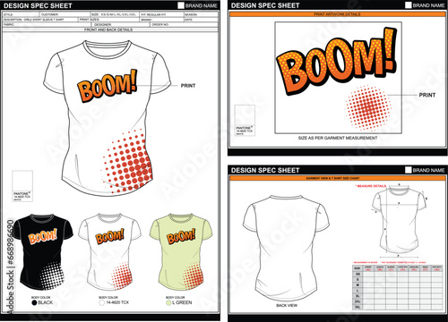 BOOM BOOM STREETWEAR VECTOR DIGITAL DTG DTF HEAT TRANSFER STICKER SUBLIMATION PRINT WOMEN GIRL SHORT SLEEVE T SHIRT TECHPACK MEASUREMENT LAYOUT TEMPLATE DESIGN