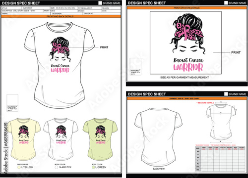  BREAST CANCER WARRIOR STREETWEAR VECTOR DIGITAL DTG DTF HEAT TRANSFER STICKER SUBLIMATION PRINT WOMEN GIRLS REGULAR SHORT SLEEVE T SHIRT TECHPACK MEASUREMENT LAYOUT TEMPLATE DESIGN