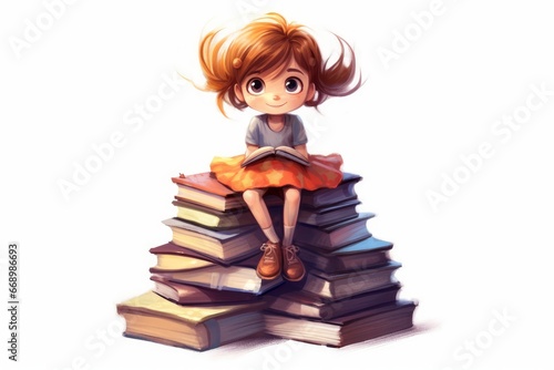 Little girl character sitting on a pile of books on white background. AI generated