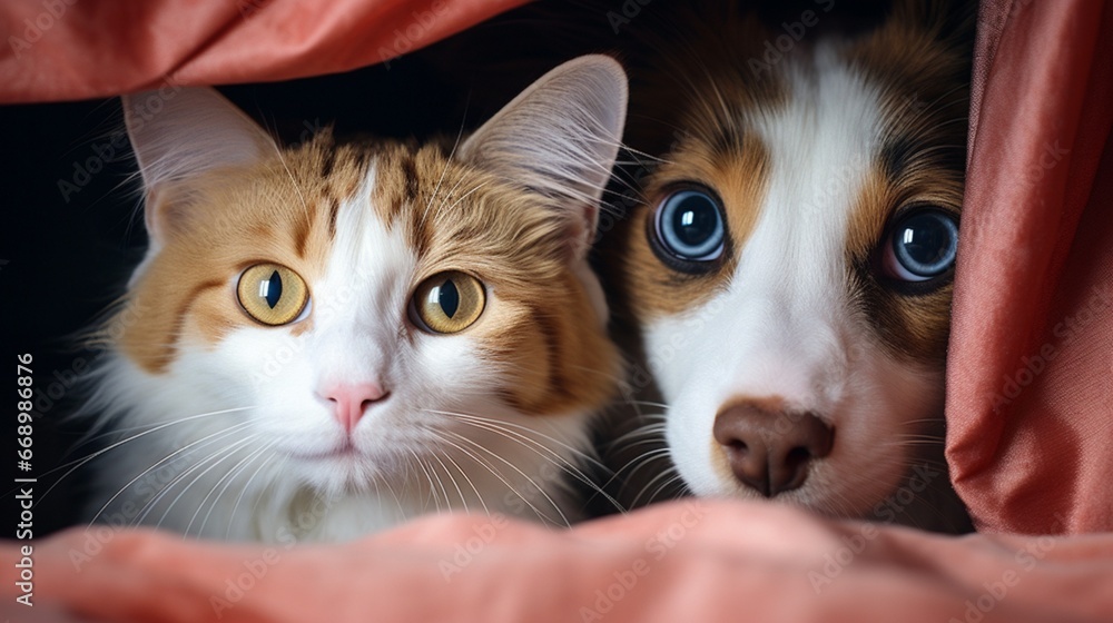 A cat and dog peering curiously from behind a curtain, eyes wide and attentive.