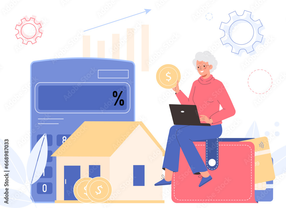 Modern woman elderly pay bills online on the website form via laptop. Monthly payments. Payments for interest rate, fees, principal and finance bills.