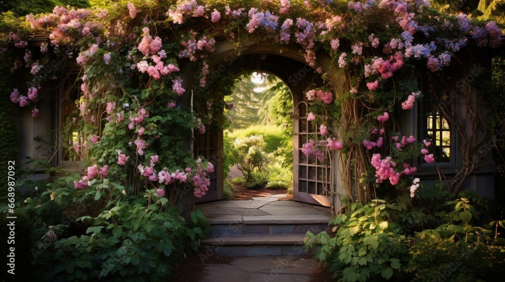 A charming garden arbor covered in climbing vines and flowers, acting as a gateway to the garden's wonders.
