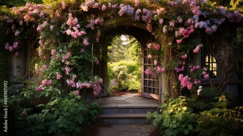 A charming garden arbor covered in climbing vines and flowers, acting as a gateway to the garden's wonders.