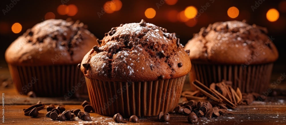 Selective focus on chocolate muffins with vintage chocolate backdrop