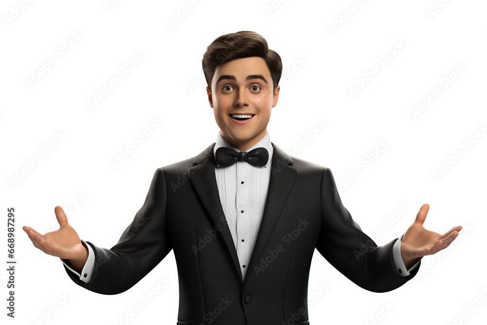 3d bow tie people. Tuxedo man presenting something with their hands up. Isolated white background 3d bow tie people. Tuxedo man presenting something with their hands up. Isolated white background