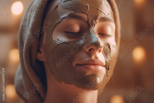 Woman brown facial mask relaxing. Luxury skin liquid aroma spa. Generate Ai photo