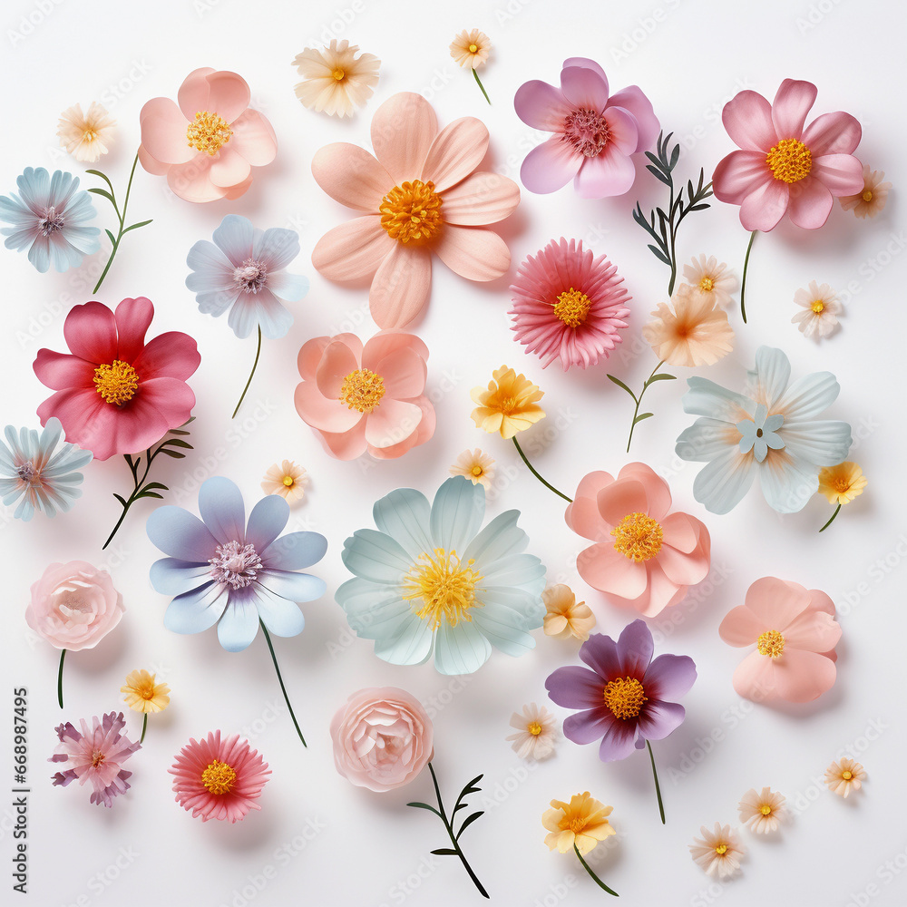 Beautiful small flower in different positions Isolated flowers. Top view
