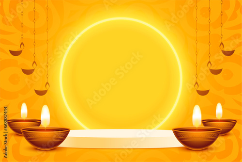 happy diwali festival poster with 3d podium and neon frame design vector