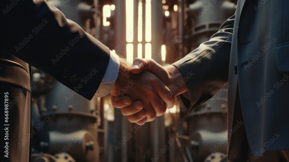 Sealing the Future: Firm Handshake Solidifying a Strategic Alliance in the Gas Power Industry, Setting the Course for Energetic Progress. - obrazy, fototapety, plakaty 