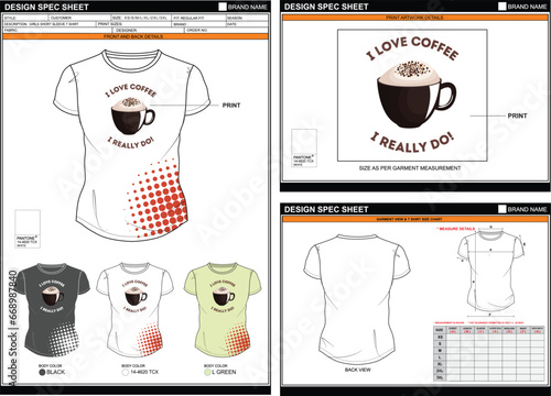 I LOVE COFFEE DO STREETWEAR VECTOR DIGITAL DTG DTF HEAT TRANSFER STICKER SUBLIMATION PRINT WOMEN GIRL SHORT SLEEVE T SHIRT TECHPACK MEASUREMENT LAYOUT TEMPLATE DESIGN