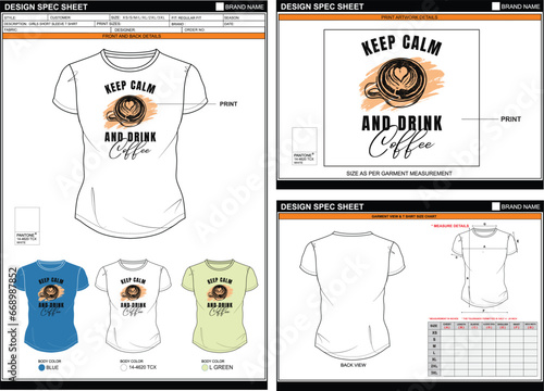  KEEP CALM DRINK COFFEE STREETWEAR VECTOR DIGITAL DTG DTF HEAT TRANSFER STICKER SUBLIMATION PRINT WOMEN GIRL SHORT SLEEVE T SHIRT TECHPACK MEASUREMENT LAYOUT TEMPLATE DESIGN