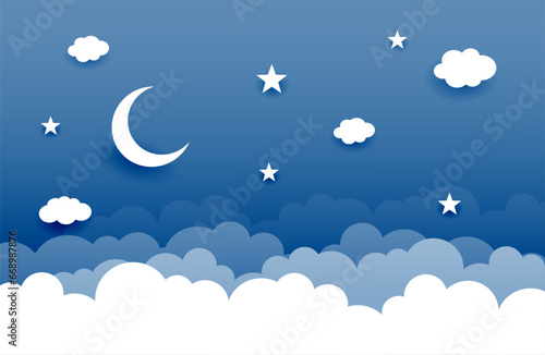 papercut style half moon and star background with clouds design
