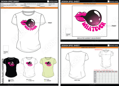 LIPS BUBBLE STREETWEAR VECTOR DIGITAL DTG DTF HEAT TRANSFER STICKER SUBLIMATION PRINT WOMEN GIRL SHORT SLEEVE T SHIRT TECHPACK MEASUREMENT LAYOUT TEMPLATE DESIGN