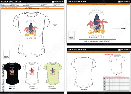 OAHU HAWAII SURFING PARADISE STREETWEAR VECTOR DIGITAL DTG DTF HEAT TRANSFER STICKER SUBLIMATION PRINT WOMEN GIRL SHORT SLEEVE T SHIRT TECHPACK MEASUREMENT LAYOUT TEMPLATE DESIGN