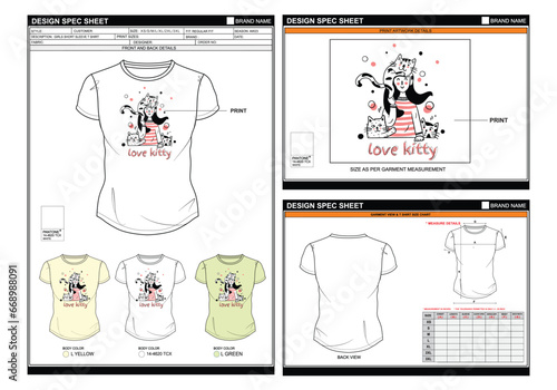 PETS LOVE KITTY STREETWEAR VECTOR DIGITAL DTG DTF HEAT TRANSFER STICKER SUBLIMATION PRINTWOMEN GIRLS REGULAR SHORT SLEEVE T SHIRT TECHPACK MEASUREMENT LAYOUT TEMPLATE DESIGN