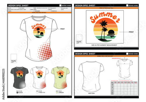 SUMMER SUNSHINE STREETWEAR VECTOR DIGITAL DTG DTF HEAT TRANSFER STICKER SUBLIMATION PRINT WOMEN GIRLS REGULAR SHORT SLEEVE T SHIRT TECHPACK MEASUREMENT LAYOUT TEMPLATE DESIGN