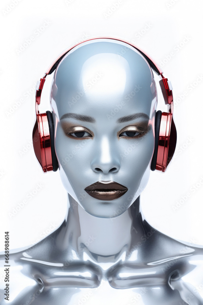 futuristic silver metalic shiny woman with headphones