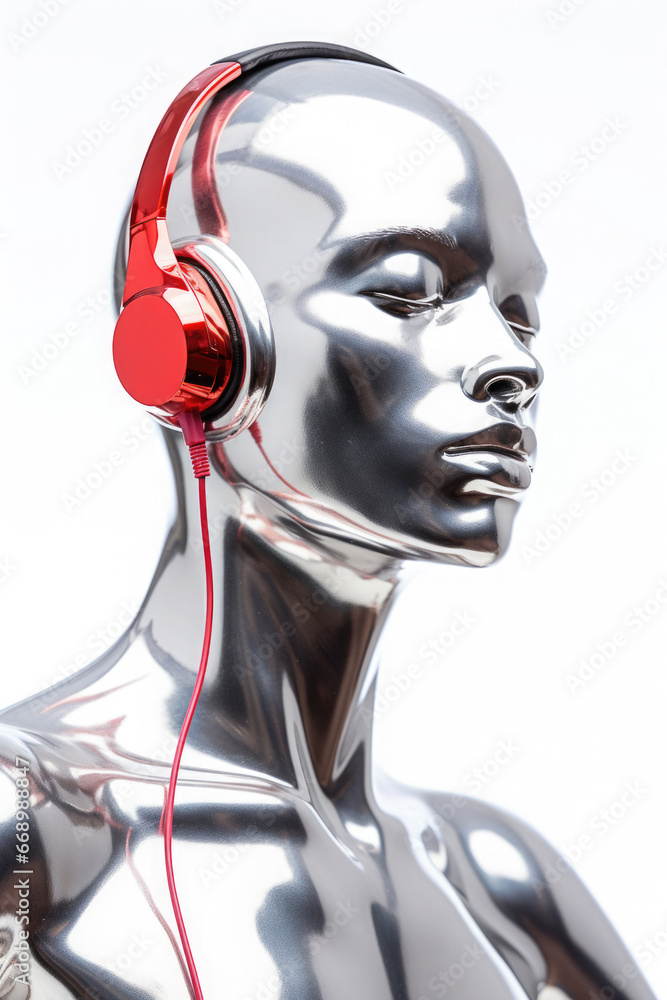 futuristic silver metalic shiny woman with headphones