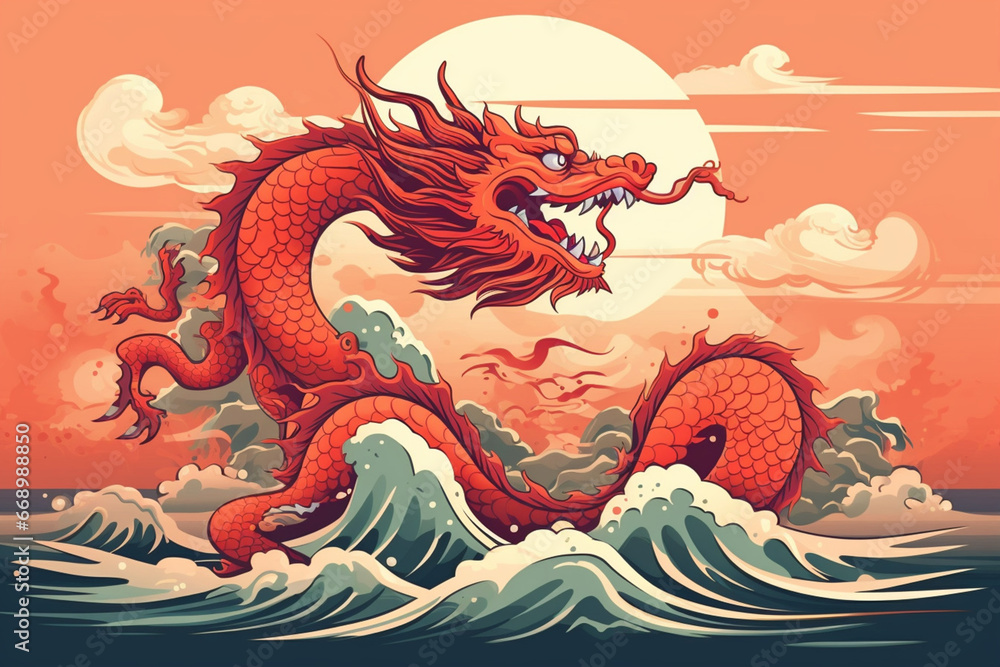 Chinese dragon on red background with clouds. Vector illustration for your design