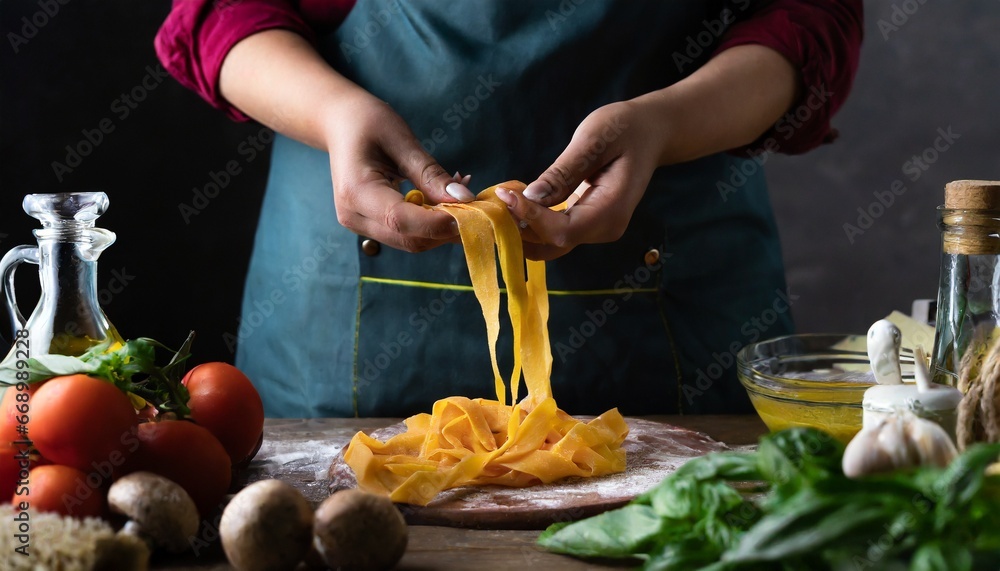 Chef making tagliatelle pasta - obrazy, fototapety, plakaty 