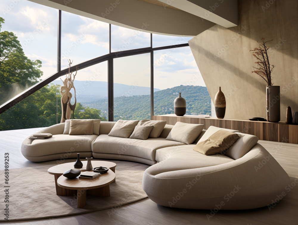 Fototapeta premium Beige Corner Sofa with Panoramic Window