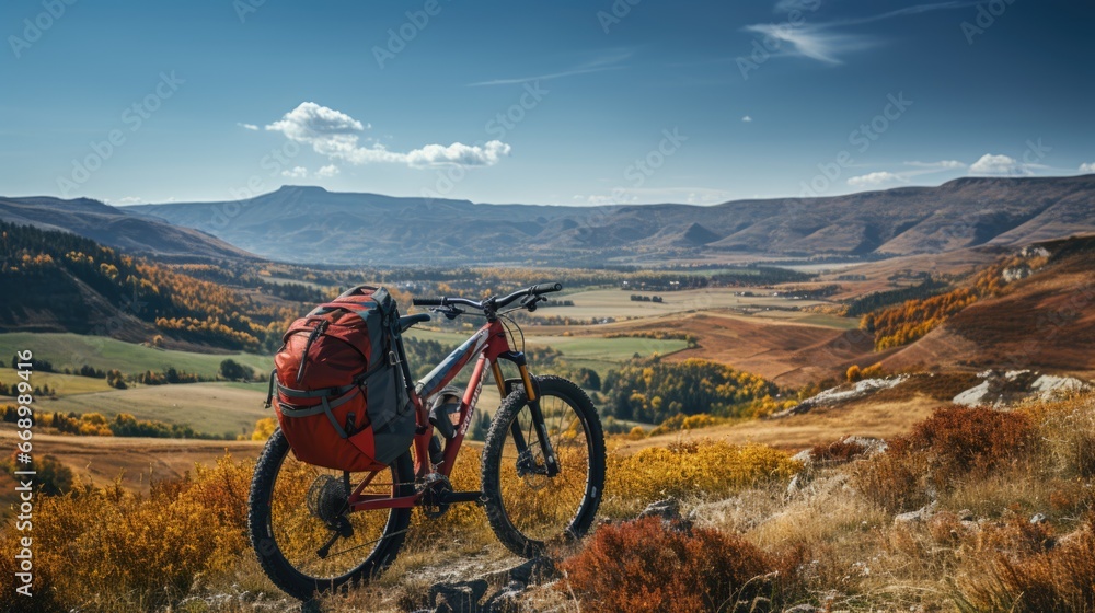 A cyclist with a red backpack on a background of blue sky. Wide angle. Beautiful landscape with hills and horizon. - obrazy, fototapety, plakaty 