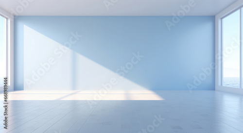 Minimalist background of a light empty wall with floor and shadows for product presentation and space for text