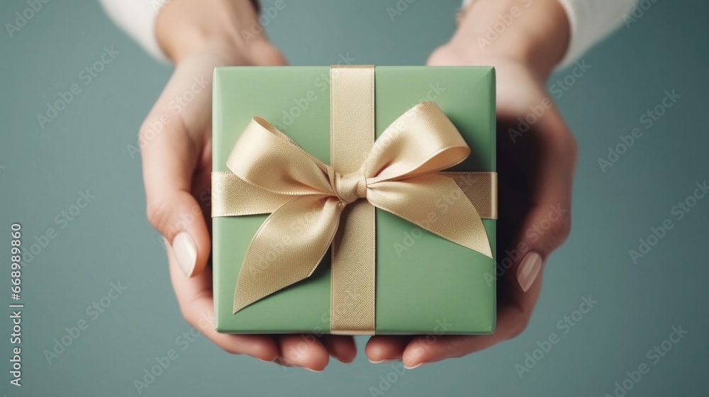 A woman's hands hold a gift box with a bow and ribbons on a colorful background A woman's hands hold a gift box with a bow and ribbons on a colorful background