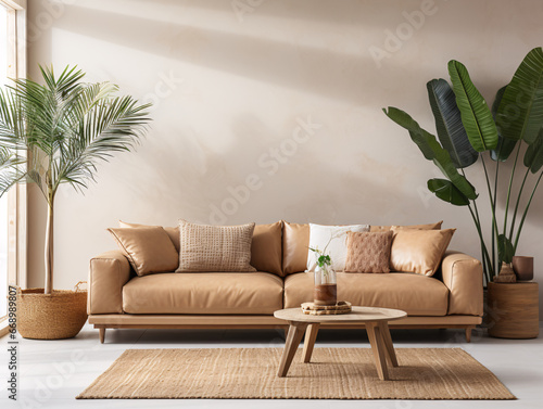 Beige Faux Leather Sofa in Vegan-Friendly Room