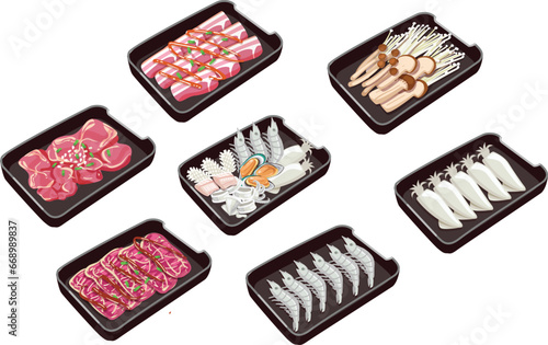 vector set of Shabu menu.pork meat, beef, chicken, seafood ingredient illustration. shabu, sukiyaki, moo kra ta.