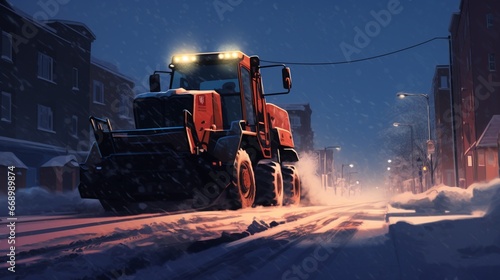 The silhouette of a snowplow working tirelessly, clearing the way through a snowy street.