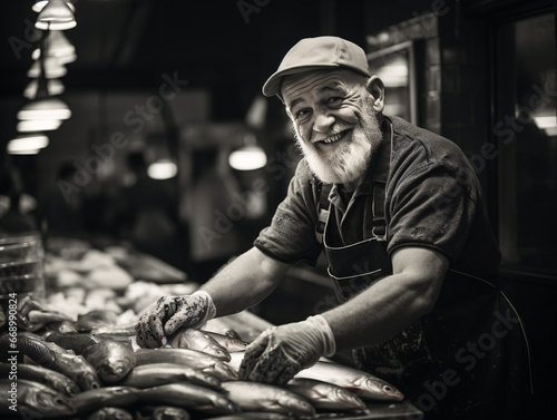 Fishmonger Displaying Catch in Black and White