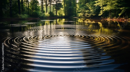 The smooth surface of a still pond disrupted by a single drop, creating concentric ripples.