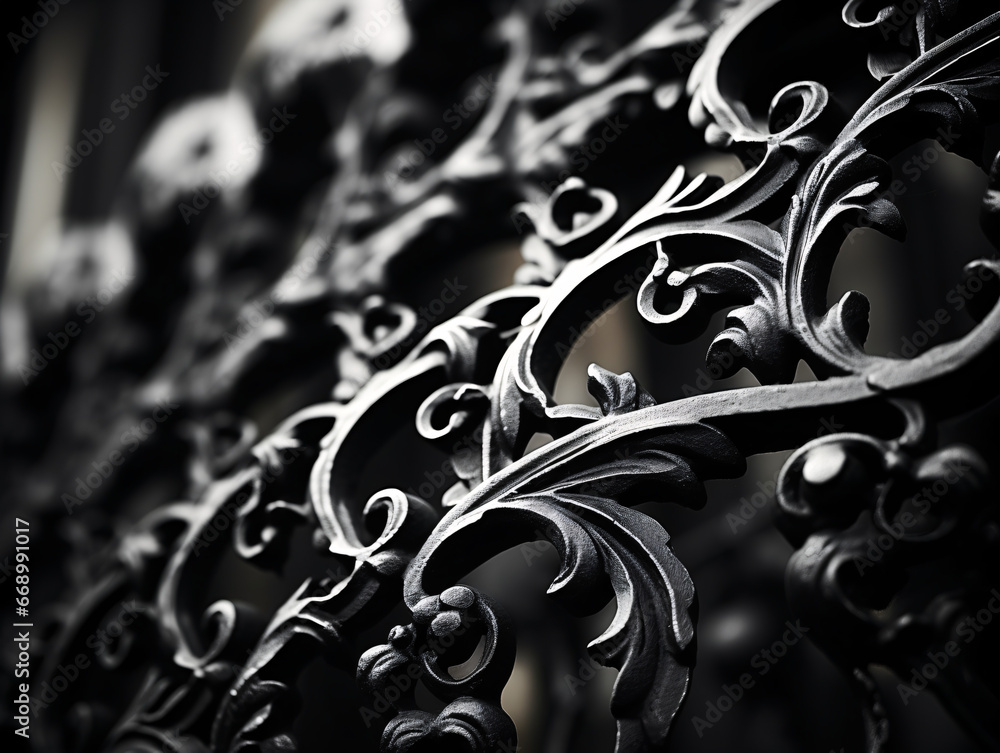 Close-up of Wrought-Iron Gate in Black and White