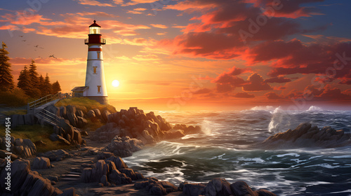 a painting of a lighthouse on a rocky shore, a detailed matte painting by Evgeny Lushpin, deviantart, american scene painting, matte painting, volumetric lighting, deviantart hd  © Dxire