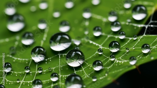 A close-up of dew drops on a spider's web, each droplet magnifying the intricate silk threads.