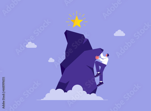 Person climbing up to mountain peak, success, Overcoming obstacles, achieving challenging goal concept, aspiration to aim target through hurdles