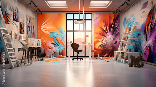 a room with a large painting on the wall, a 3D render by Jan Tengnagel, behance contest winner, photorealism, behance hd, artstation hq, vray tracing
 photo