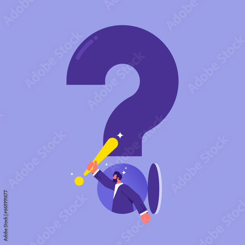 Finding solution or search for answer concept, businessman opening a door in a question mark and searching information, job, idea, opportunity, analysis, finding answer