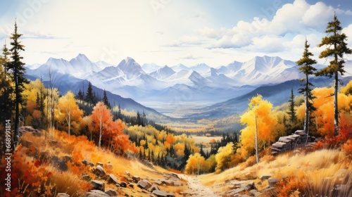 A watercolor painting of a mountain range in the distance with a foreground of trees in fall colors. AI Generative
